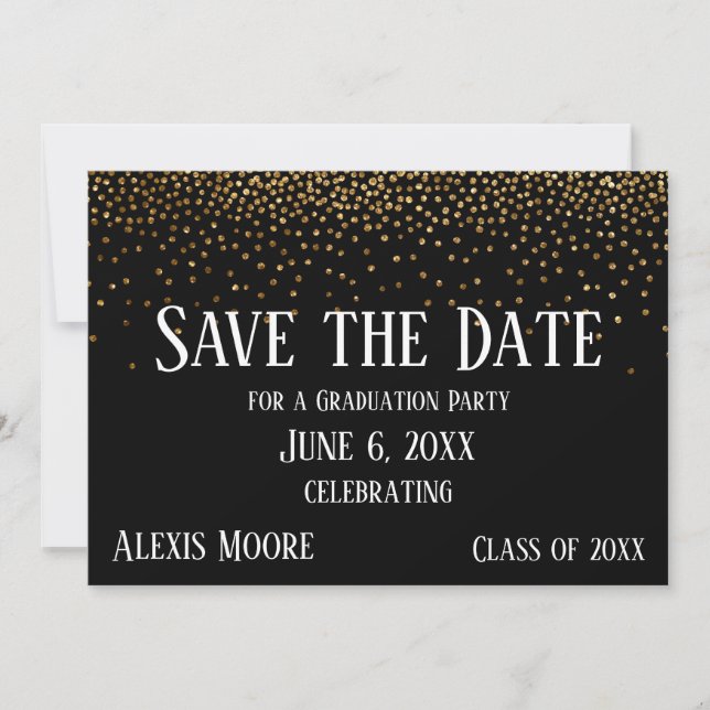 Save The Date Gold Confetti Black Graduation Party Enregistrer l (Devant)