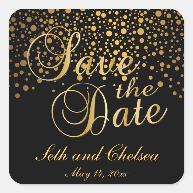 Save the Date Gold Dots | Personalisieren Quadratischer Aufkleber (Vorderseite)
