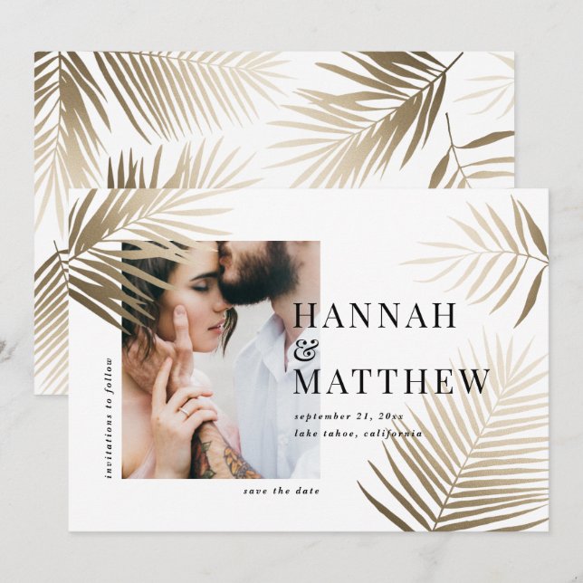 Save The Date Gold feuille de palme enregistrer la date mariage  (Devant / Derrière)