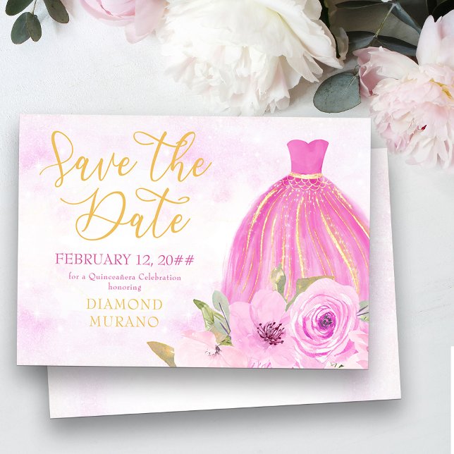 Save The Date Gold floral et princesse rose (Save the Date invitation from my Galaxy Floral Princess Quinceanera collection
)