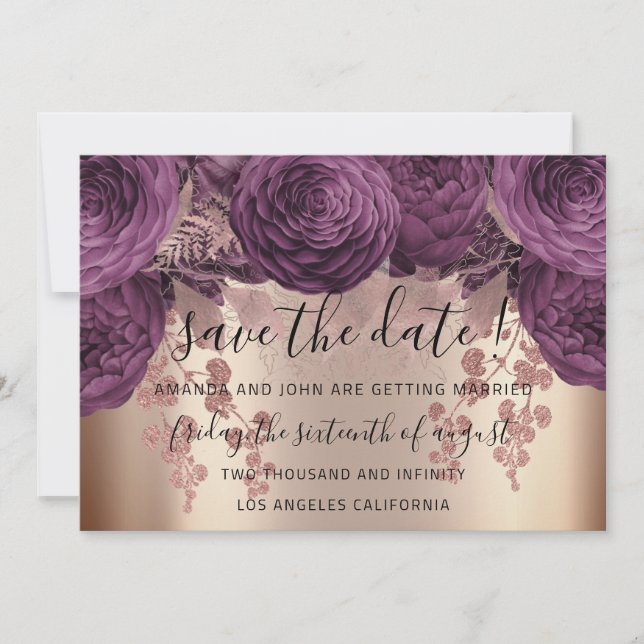 Save the Date Gold Floral Rose Herbst Lila (Vorderseite)