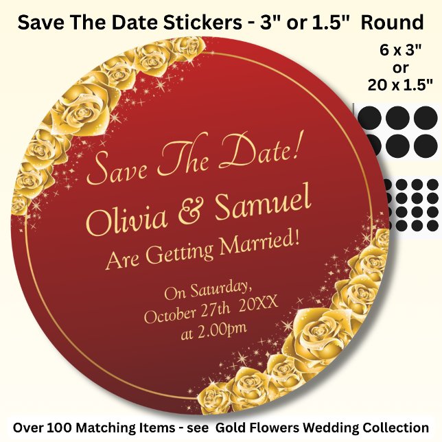 Save The Date - Gold Flowers Maroon Red  Runder Aufkleber (Von Creator hochgeladen)