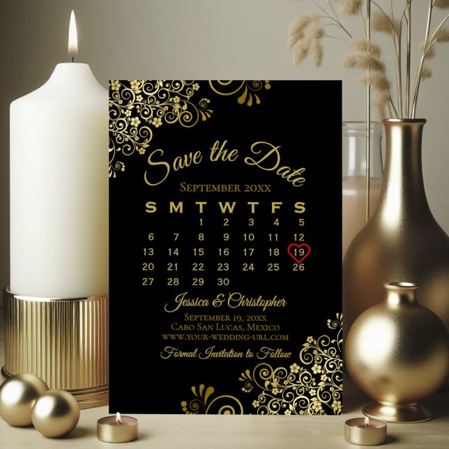 Save The Date Gold Frills Noir Simple élégant calendrier de mari (Créateur téléchargé)