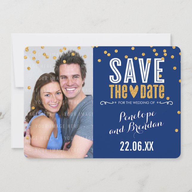 SAVE THE DATE Gold Glitzer Konfetti Königsblau (Vorderseite)