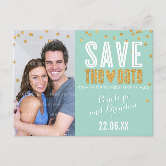 SAVE THE DATE Gold Glitzer Konfetti Trendminze Ankündigungspostkarte (Vorderseite)