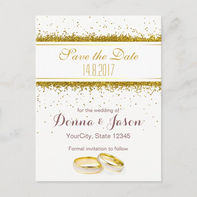 Save the Date Gold Glitzer Rings - Postkarte (Vorderseite)