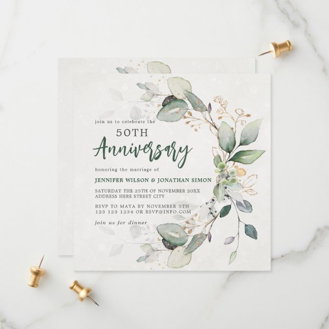 Save The Date Gold Green Eucalyptus 50e anniversaire Mariage (Devant/Arrière en situation)