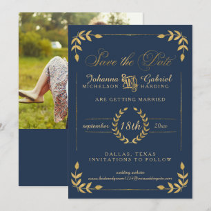 Save The Date Gold Laurel Leaf Photo de la Marine Enregistrer la