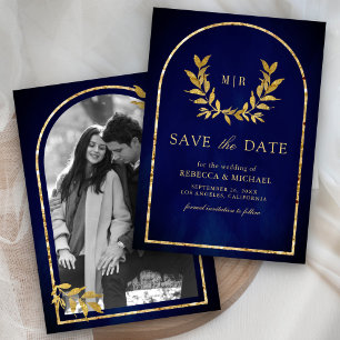 Save The Date Gold Laurel Wreath Feuille Royal Blue Mariage