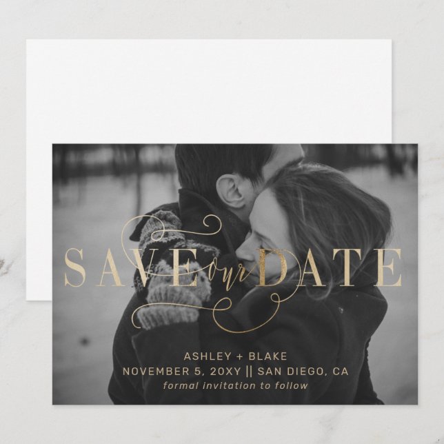 Save The Date Gold Modern Design manuscrit photo de calligraphie (Devant / Derrière)