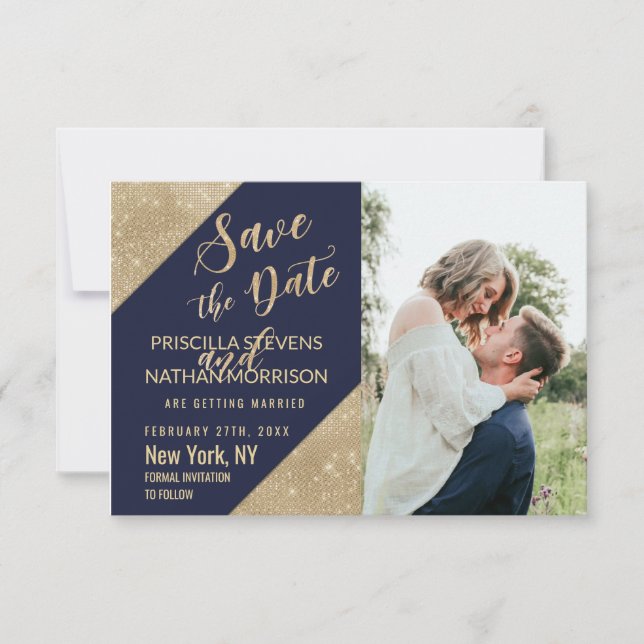 Save The Date Gold Navy Blue Faux Parties scintillant Sequin Enr (Devant)