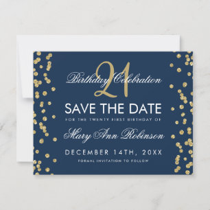 Save The Date Gold Navy Sauvez la date 21e anniversaire Confetti