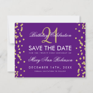 Save The Date Gold Purple Enregistrer la date 21e anniversaire C