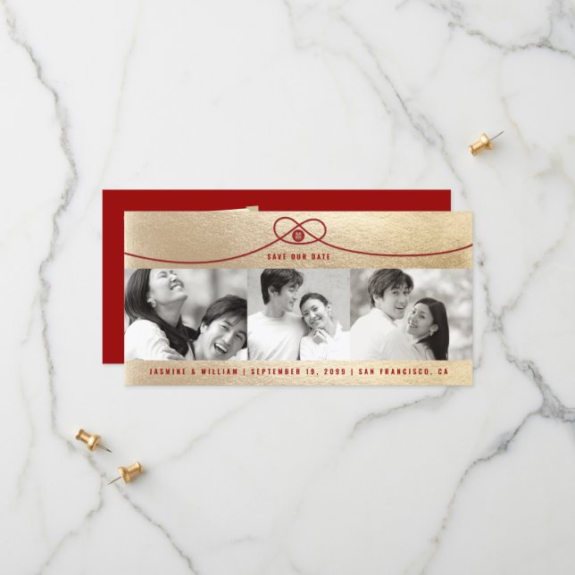 Save The Date Gold & Red Knot Double Happy 3 Photo Chinois (Devant/Arrière en situation)