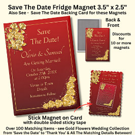 Save The Date, Gold Roses Maroon 5" x 2.5" Fridge Magnet