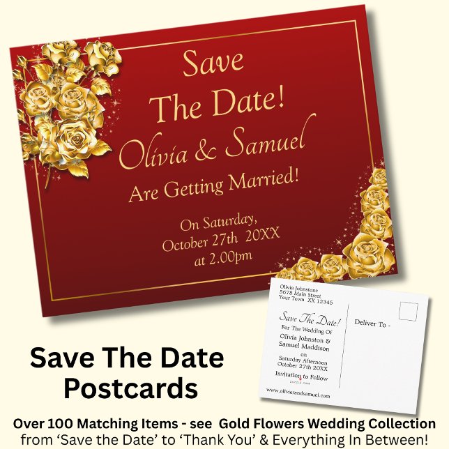 Save The Date - Gold Roses on Maroon Red  Ankündigungspostkarte (Von Creator hochgeladen)