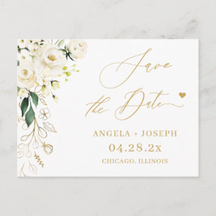 Save the Date Gold Script Green und White Floral Postkarte