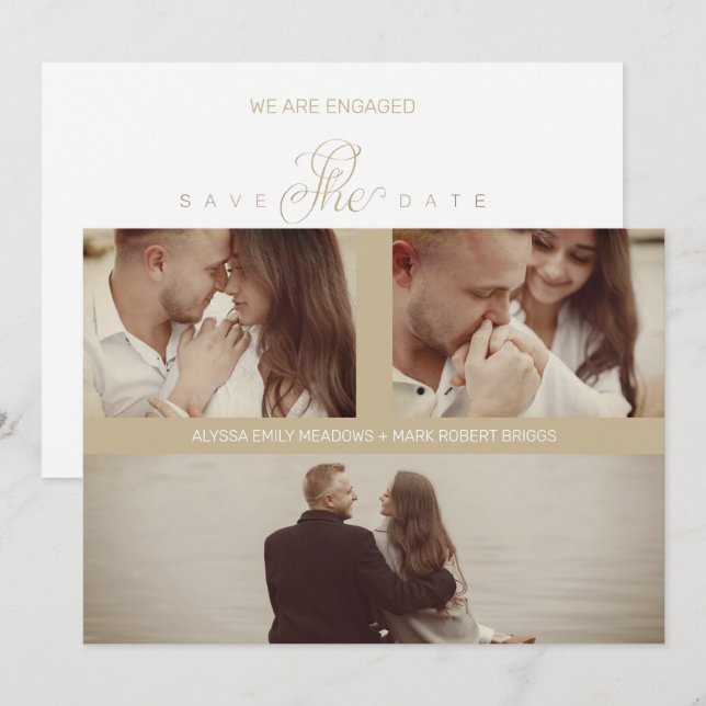 Save The Date Gold Simple Elegant Three Photos Couple in Loving (Devant / Derrière)