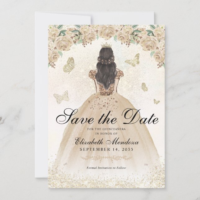 Save The Date Gold Sparkel Floral Princess Quinceañera Anniversa (Devant)