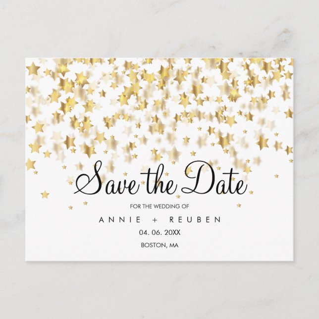 Save the Date Gold Stars Postkarte (Vorderseite)