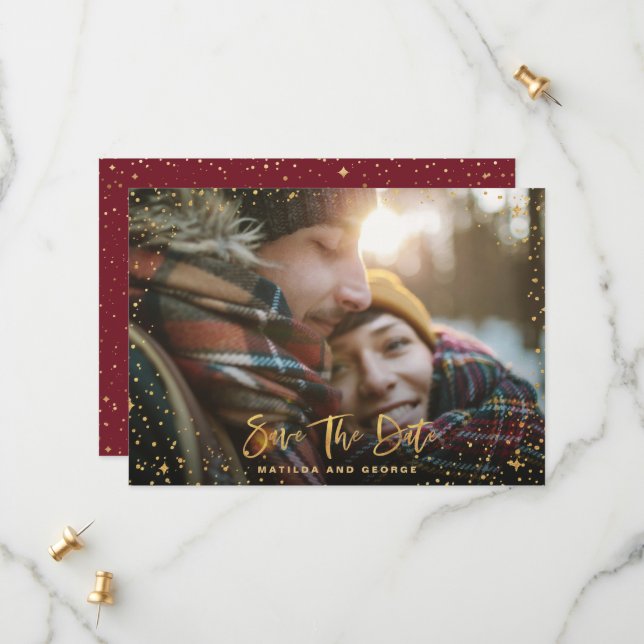 Save The Date Gold stars script photo mariage moderne (Devant/Arrière en situation)