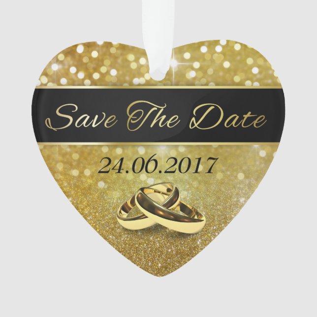 Save the Date Gold Wedding Rings - Herzdekoration Ornament (Vorderseite)