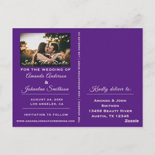 Save the Date Golden Script Foto Lila Postkarte (Rückseite)
