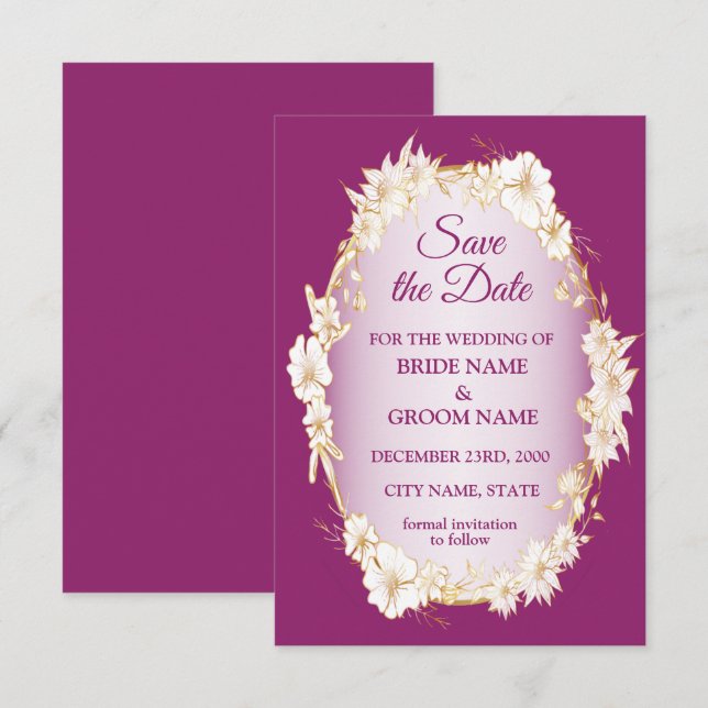 Save The Date Golden White Floral Pink Geometric Rustic Wedding (Devant / Derrière)