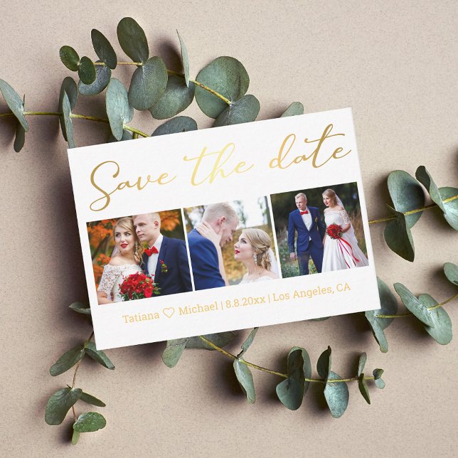 Save the Date goldfarbene Hochzeit 3 Fotos Collage Mitteilungskarte (Von Creator hochgeladen)