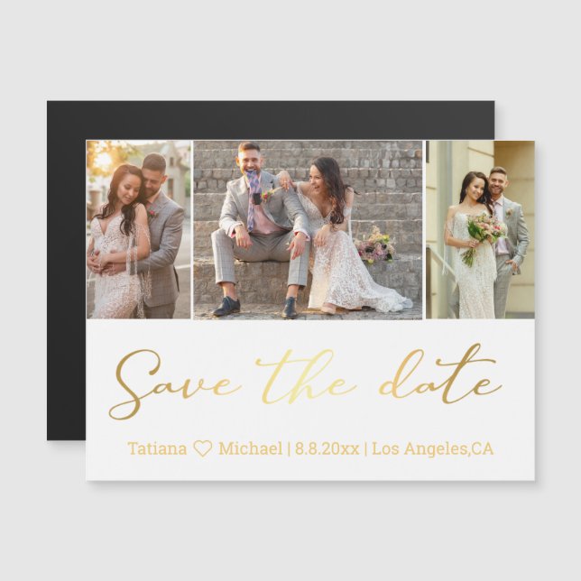 Save the Date Goldhochzeit 3 Fotos Kollagenmagnet Magnetkarte (Vorne/Hinten)