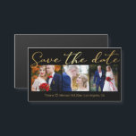 Save the Date Goldhochzeit-Fotos Collage Magnet<br><div class="desc">elegante,  Save the Date,  minimalistische goldene schwarze Kalligraphie,  Hochzeit drei Fotos Collage Magnet.</div>