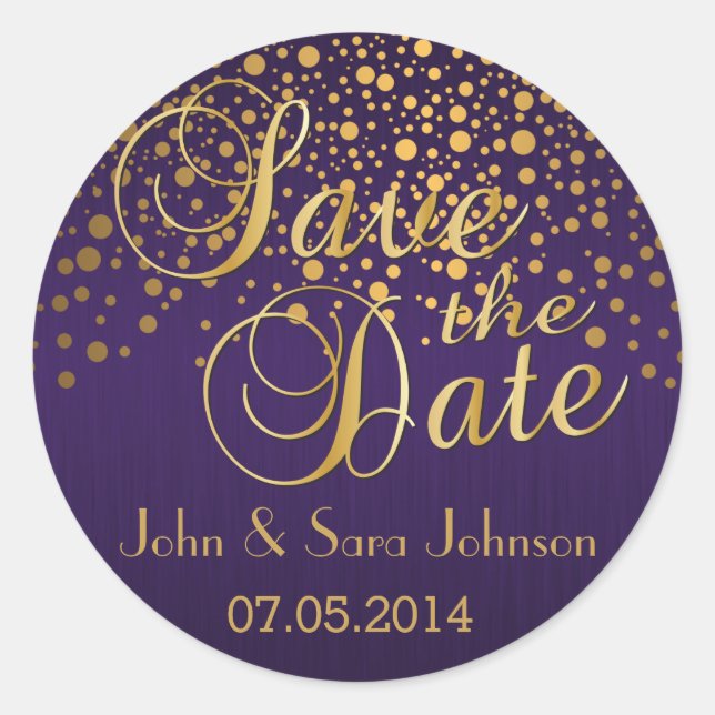 Save The Date | Goldpunkte und Lila | Personalisie Runder Aufkleber (Vorderseite)