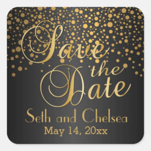 Save the Date Goldpunkte und Schwarz   Personalisi Quadratischer Aufkleber