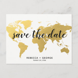 Save the Date Goldweltkarte Hochzeit in Urlaubsort Ankündigungspostkarte