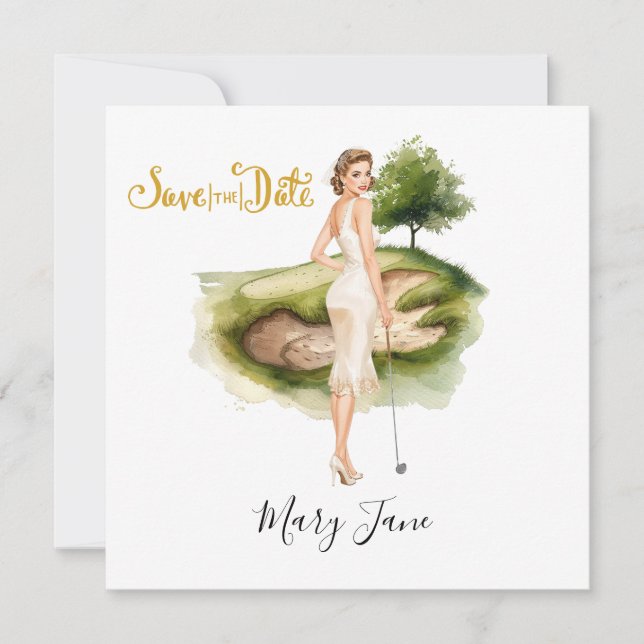 Save The Date Golf Woman golfer on golf course Bridal  (Devant)