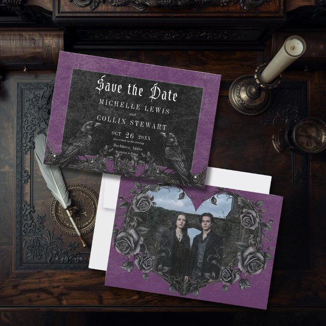 Save The Date Gothic Black Raven & Roses Purple Photo Wedding (Créateur téléchargé)