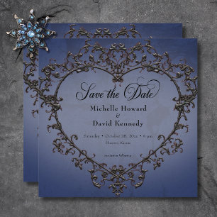 Save The Date Gothique Cœur de Mariage Noir et Bleu Filigrane