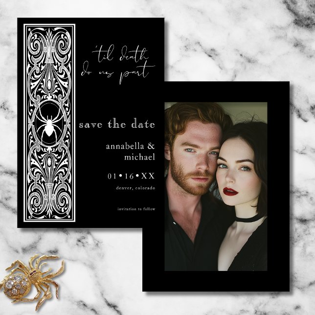 Save The Date Gothique Éffrayant Spider noir blanc Mariage photo (Gothic Spooky Spider Black White Photo Wedding Save The Date)