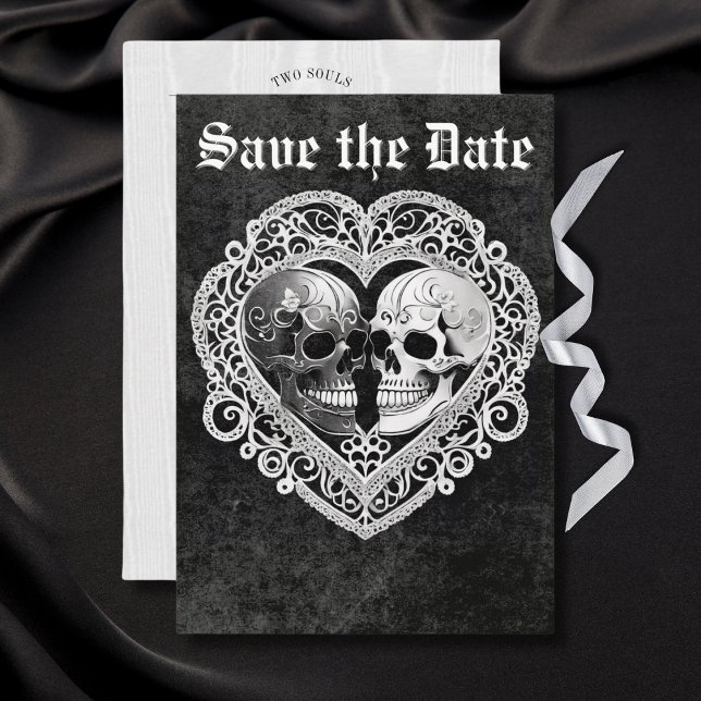 Save The Date Gothique foncé Noir & Blanc Crâne Couple Coeur (Créateur téléchargé)