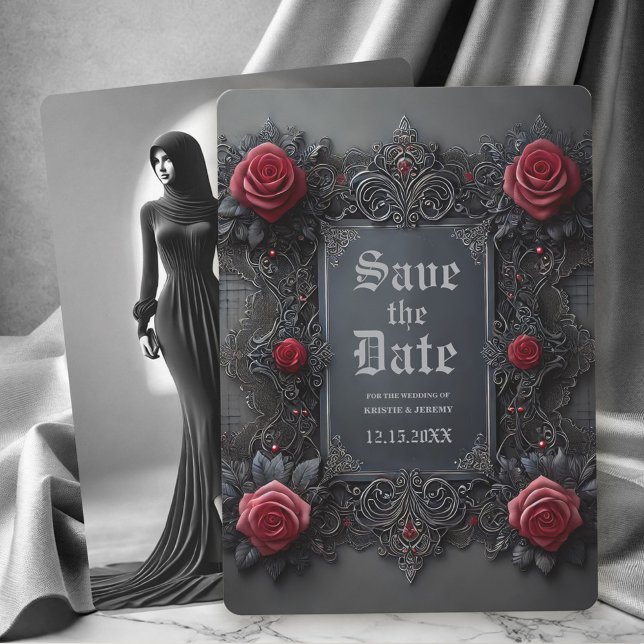 Save The Date Gothique Gris rouge floral Photo Enregistrer la da (Gothic Red Roses on Dark Gray Wedding Save the Date with back Photo.)
