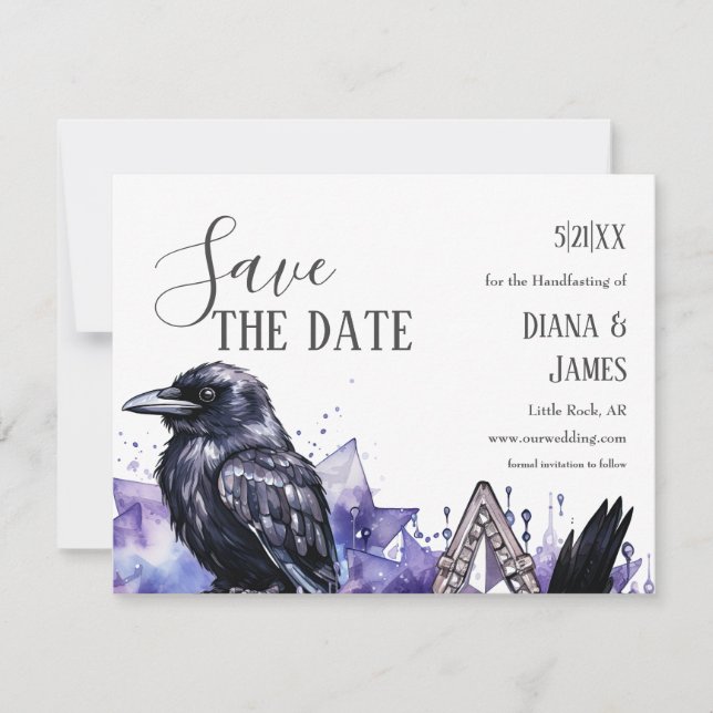 Save The Date Gothique Violet Diamant et Plumes Noires Manipulat (Devant)