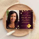 Save the Date graduation party burgundy photo 2023<br><div class="desc">A photo Save the date card for a graduation party. On front: Add your own vertical size photo of the graduate. A burgundy gradient background, decorated with faux gold stars. Personalize and add a name and date. The name and the text: Save the Date are written with a modern hand...</div>