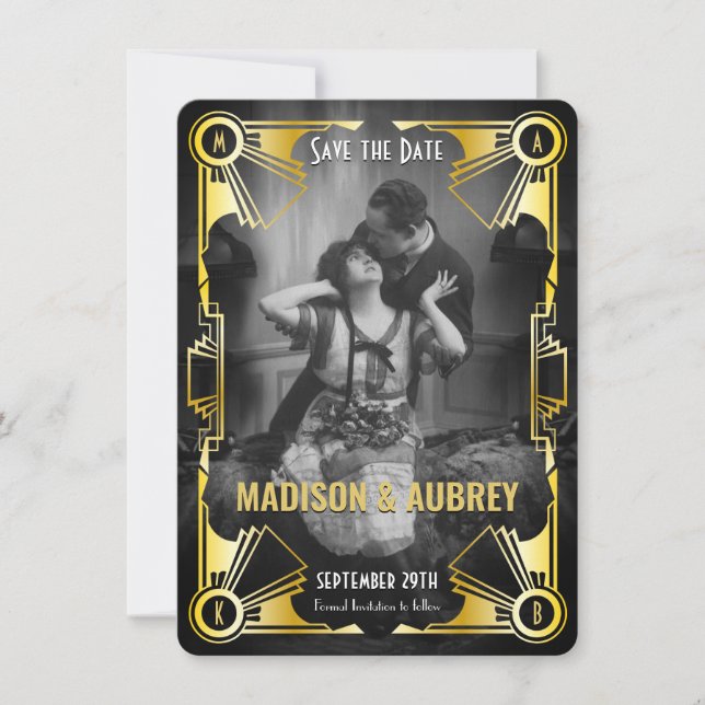 Save The Date Grand Gatsby Art Déco Mariage Gold & Black Photo (Devant)