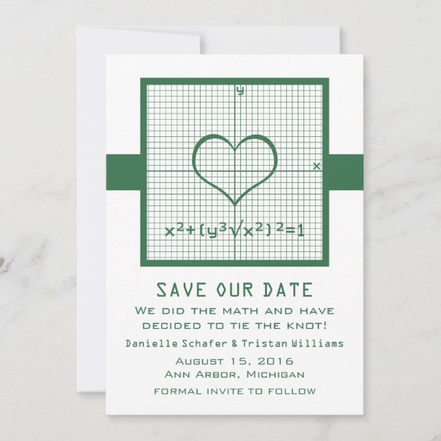 Save The Date Graphique en mathématiques du coeur vert Enregistr (Devant)
