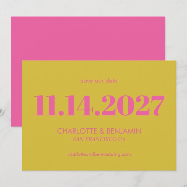 Save The Date Gras Bright rose et jaune typographie moderne (Devant / Derrière)