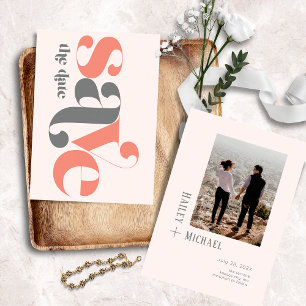 Save The Date Gras Photo Vintage Coral Gris Enregistrer La Date