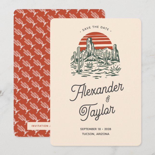Save The Date Gras Rouge Rétro Saguaro Mariage du désert du pays (Devant / Derrière)