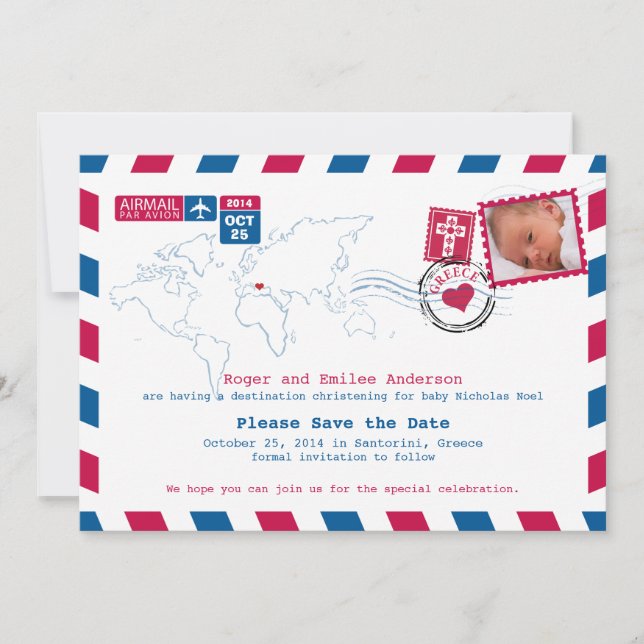 Save The Date Grèce Airmail Christening Baptême (Devant)
