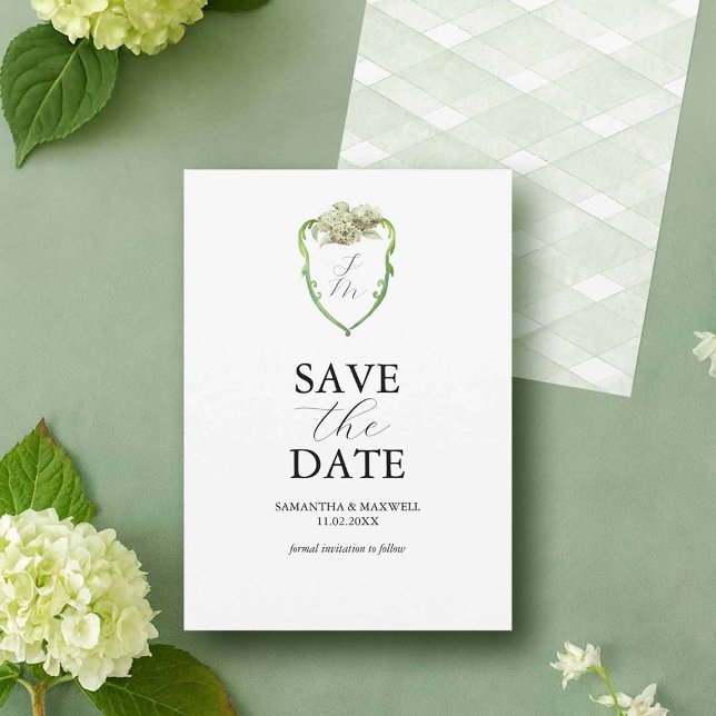 Save The Date Green Hydrangea Wedding Monogram Save The Dates (Green and white wedding hydrangea Save The Dates by Victoria Grigaliunas Do Tell A Belle)