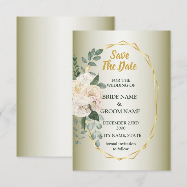 Save The Date Green Leaves Pink Floral Golden Geometric Wedding (Devant / Derrière)